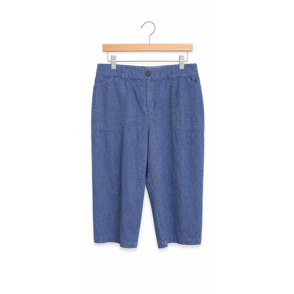 Talbots Blue Cotton Cropped Pants Womens 16P Petite Elastic Back Chambray Style